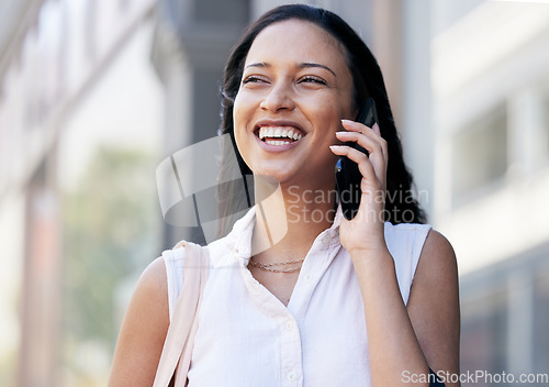 Image of Phone call, cellphone and young happy woman in the city commuting to work or the office. Happiness, smile and professional lady from Brazil on mobile conversation while walking in a urban town street