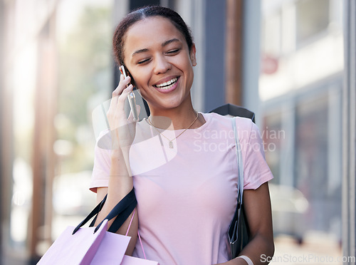 Image of Phone call, travel or black woman with shopping bags in Paris street, city or road for communication, networking or talking outdoor. Happy, smile or girl traveling with smartphone for comic news