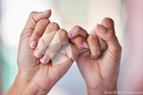 Image of Women, hands or pinky finger promise in trust, support or security for community, solidarity or success deal. Zoom, friends or people in empathy, teamwork or collaboration for secrets, gossip or news