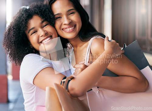 Image of Happy, friends and hug portrait with shopping bag products for boutique purchase fun in New York, USA. Smile, care and appreciation in women friendship with black people enjoying shopping spree.