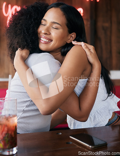 Image of Happy, support and friends hug at restaurant for bond, care and reunion hangout in Chicago, USA. Happiness, smile and embrace of black people in friendship enjoying friendly greeting at diner.