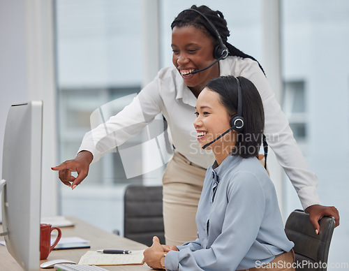 Image of Call center, contact us and coaching with women and training, CRM and working with team leader and help. Computer, customer service agent or telemarketing job with mentor and happy, support and trust