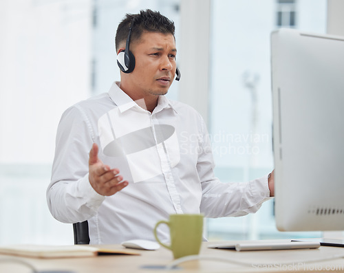Image of Faq, confused or man problem solving in a call center talking or helping client with challenge question. Contact us, frustrated or stressed salesman listening to solve failure crisis at customer care