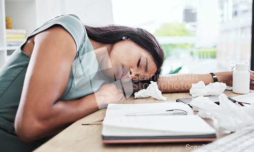 Image of Woman, sick and sleeping on office desk in burnout suffering from stress, depression or mental health issues. Tired female employee with flu resting, dreaming or asleep on computer table at work