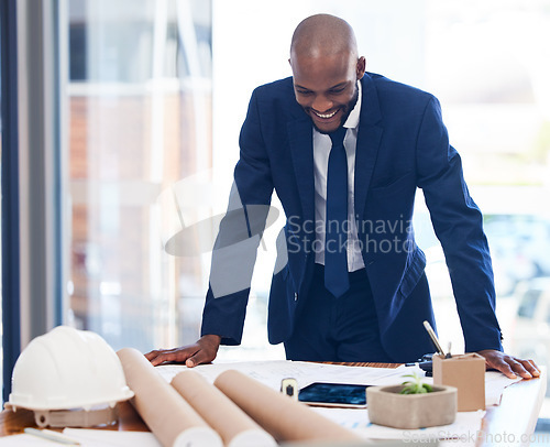 Image of Architect, tablet and man in office, hard hat or smile for success, contract approved or planning. Young black male, entrepreneur or engineer on video call, blueprint or project for building or relax