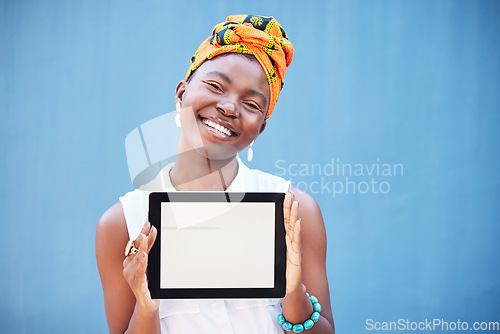 Image of Fashion designer, digital tablet or mock up space on blue background in clothing branding, logo design or small business marketing. Portrait, happy smile or black woman on technology mockup