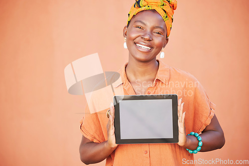 Image of Tablet, portrait or black woman with mockup screen for branding, marketing or advertising space. Product placement, happy or African girl with promotion announcement, sales offer or discount deal