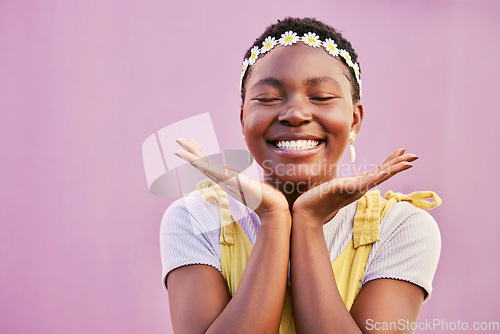 Image of Mockup, black woman and cosmetics for wellness, skincare and smile on studio background. Makeup, Nigerian female and healthy girl with natural beauty, hippie or clear skin for face detox and headband