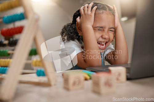 Image of Black girl frustrated, remote school from home and laptop for online learning, overworked and stress. Young female, kid and child with homework, education and unhappy for study, burnout and anxiety.