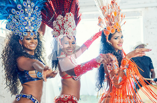 Image of Carnival performance, women and mardi gras dancer portrait on new year dancing with a smile. Concert female group at a social celebration event with music and sexy show dance party and festival