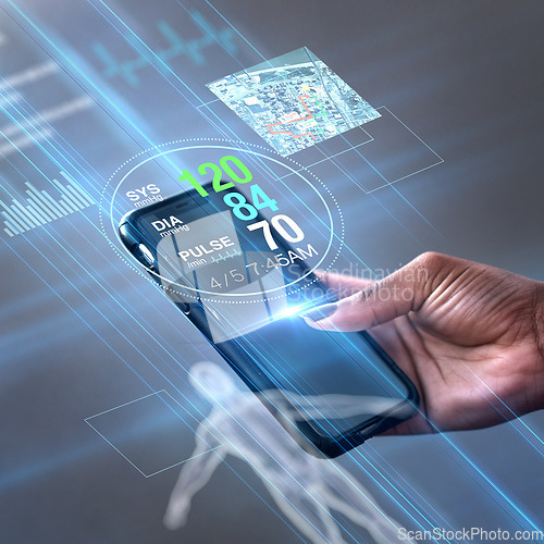 Image of Fitness mobile app, smartphone and hand with graphic data analytics, workout metrics or body health monitor on screen innovation. Hand holding cellphone for sports progress of software ux ui design