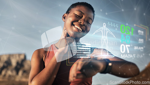 Image of Black woman, fitness or futuristic smart watch in pulse check, heart rate or healthcare management, sunset workout or training exercise. Happy smile, sports runner or timer tech 3d of body biometrics