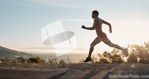 Image of Black woman, fitness and running on mountain during sunset for workout, training or exercise in the nature outdoors. African American woman runner in sport exercising for healthy cardio on mockup