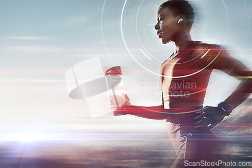Image of Black woman, water bottle or running earphones for futuristic motivation, sound waves or energy field. Fitness, sports athlete or runner listening to fitness radio podcast for nature workout training
