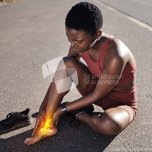 Image of Fitness, pain and black woman with a foot injury, medical emergency and accident after running in Nigeria. Anatomy, symptom and African runner with muscle inflammation in feet after street cardio