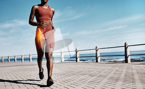 Image of Running, x ray and body of an black woman training, fitness muscle and exercise for health on the promenade in Australia. Sports burn, strong and legs of an African athlete at the sea for cardio
