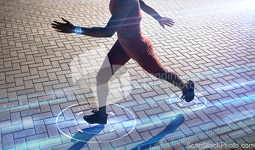 Image of Woman, running or futuristic fitness tracking with smart watch technology for speed, body biometrics or city healthcare wellness. Runner, sports athlete or future time clock for 3d marathon software