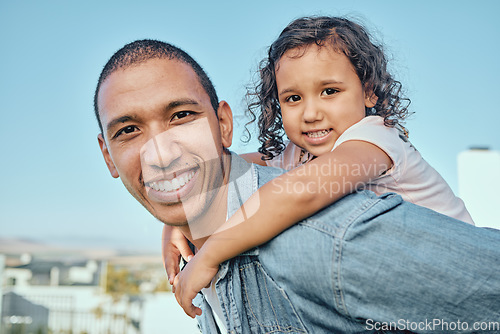 Image of Father, child hug and happiness portrait or piggyback for relax, travel vacation or fun summer together outdoor. Family, quality time bonding and happy smile for freedom, love and hugging in nature