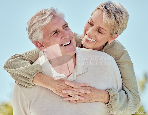 Image of Elderly, couple hug and love outdoor with marriage, support and trust, happy in retirement together. Life insurance, retired and wellness with respect, calm and happiness in relationship in Boston