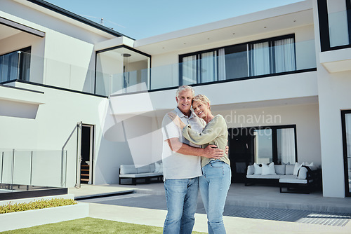Image of Mortgage, real estate and senior couple with house, property in Florida for retirement, love and marriage. Portrait, man and woman hug, new home and retired, relocation and moving with investment.