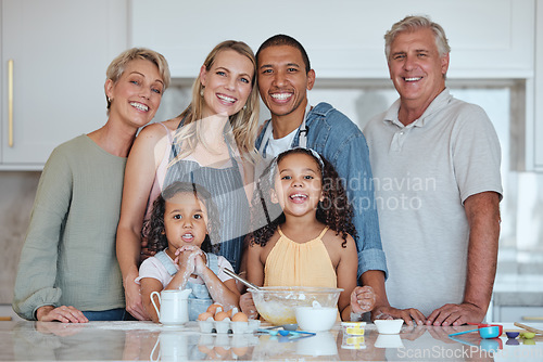 Image of Interracial, portrait or big family in a kitchen cooking food or baking cake with eggs, flour or milk at home. Bakers, mother and happy father love bonding with children or grandparents on holiday