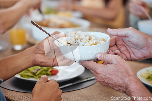 Image of Lunch, family celebration and hands with potato salad, party food and group eating at the dining room table. Nutrition, healthy food and friends hosting a home dinner with a salad for health