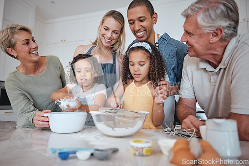 Image of Baking, family and children with their parents and grandparents in the kitchen learning about cooking food. Bake, bonding and love with girl siblings making baked goods in their home together