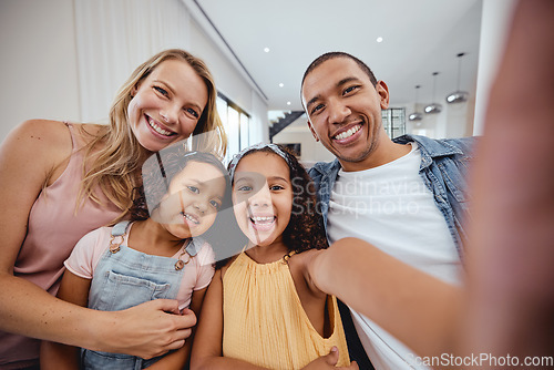 Image of Happy interracial family, selfie and kids in family home, smile or bonding for social media app. Happy family portrait, digital picture or happiness with love, mom and dad for hug at house in Miami