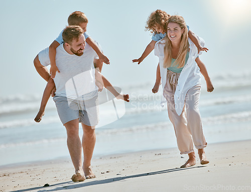 Image of Freedom, travel and piggyback with family on beach for summer break, happiness and bonding on vacation. Tropical, destination and support with parents playing with children on trip for Cancun holiday