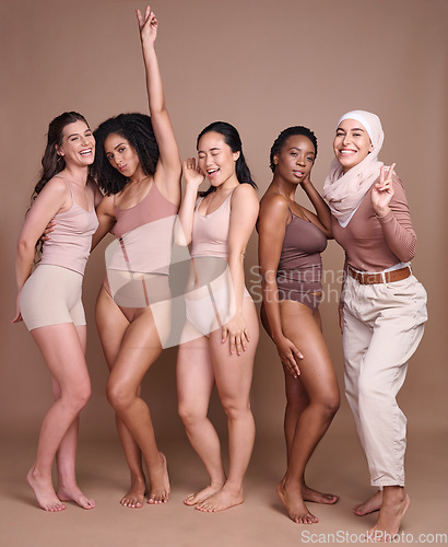 Image of Beauty, natural and diversity with woman friends together in studio on a brown background to promote real body positivity. Health, wellness and luxury with a female group posing for self love