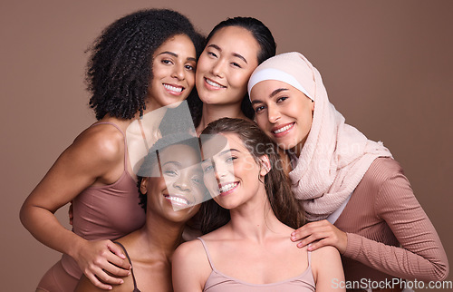 Image of Women, faces or diversity on studio background in empowerment trust, solidarity support or community self love. Portrait, smile or group beauty models, happy facial expression or religion acceptance