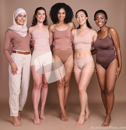 Image of Women, studio beauty and diversity in global community, support and self love, wellness and healthy skincare. Portrait, female group and models for body positive, solidarity and international culture