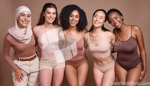 Image of Women group, underwear studio and diversity portrait for fashion, design or smile for happiness. Happy teamwork, multicultural model team and body positive aesthetic for support, solidarity or unity