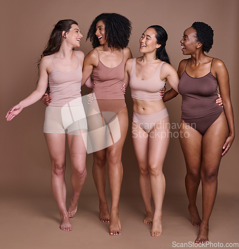 Image of Women diversity, body positivity and happy hug of a group of model friends smile about skin beauty. Wellness, solidarity and proud woman community celebrate skincare, natural cosmetics and health