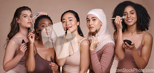 Image of Beauty, diversity and cosmetics with makeup and women in portrait for cosmetic product advertising, skincare and different. Skin, face and facial treatment with self care and marketing with wellness.