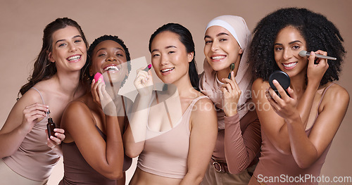 Image of Women group, makeup studio or diversity portrait for skincare, beauty or smile for happiness. Happy cosmetic teamwork, multicultural model team or face glow aesthetic for support, solidarity or unity