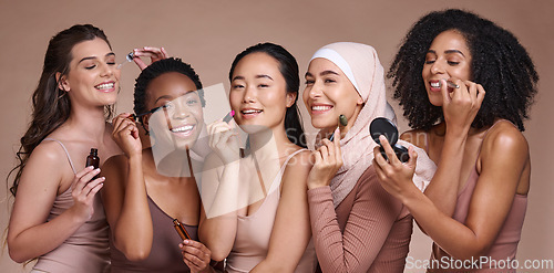 Image of Face, skincare makeup and group of women in studio on a brown background. Beauty portrait, diversity and female models with cosmetics, products or lipstick, jade roller or serum, lip gloss or mascara