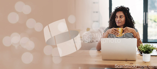 Image of Laptop, coffee and woman in home office with bokeh, small business and remote work for freelancer on lunch break. Thinking, ideas and happy woman freelance worker at desk in office in living room.