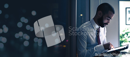 Image of Finance, planning and businessman with a tablet for research, investment and mobile app with mockup space. Banner, accounting and employee with technology for financial innovation and economy growth