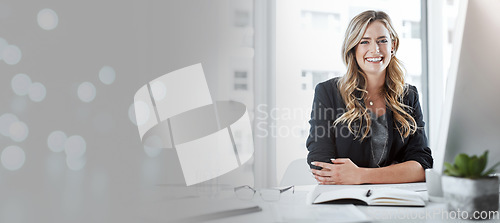 Image of Business woman, face and smile for management, leadership or skills with bokeh mockup at the office. Portrait of happy female manager, HR or CEO smiling with vision for career ambition with mock up