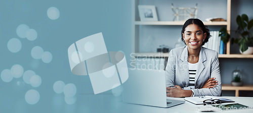 Image of Business woman, portrait and bokeh banner, mockup and advertising space in Atlanta. Happy black female worker at desk with mock up of stock marketing, financial planning or corporate growth in office