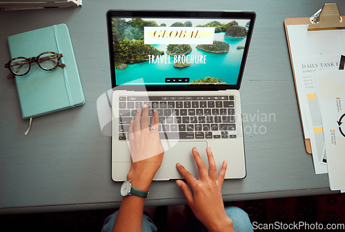 Image of Laptop, hands and travel planning of woman online with international holiday trip screen top view. Vacation, adventure and journey organisation of girl busy with internet research on digital device.