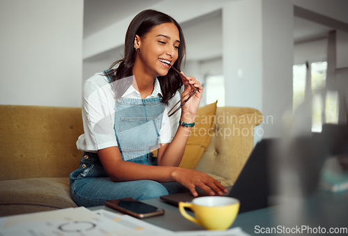 Image of Woman, laptop and relax on sofa reading online communication, remote work or smile for web conversation. Young girl, typing on computer and freelance employee search website on couch in living room