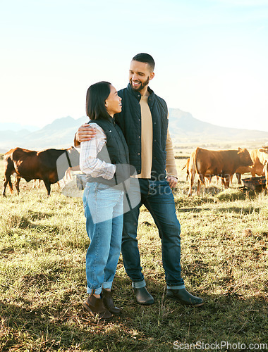 Image of Nature, summer and couple in field with cows, happy dairy farmer on grass with animals. Sustainability, farming and man with woman and smile at animal farm, happiness and grazing livestock in summer.