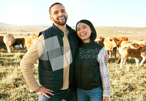 Image of Portrait, farm and couple on cattle farm, smile and happy for farming success, agro and agriculture. Farmer, man and woman hug on grass field with livestock, excited for sustainability business