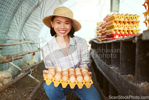 Image of Chicken eggs, woman and portrait of farmer with tray of fresh, organic and healthy protein of animal coop in Japan. Poultry farming, sustainable production and food economy in eco friendly hen house