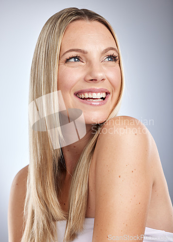 Image of Face, beauty skincare and hair care of woman in studio isolated on a gray background. Makeup, cosmetics and aesthetics of happy female model thinking about salon treatment for hair growth and texture
