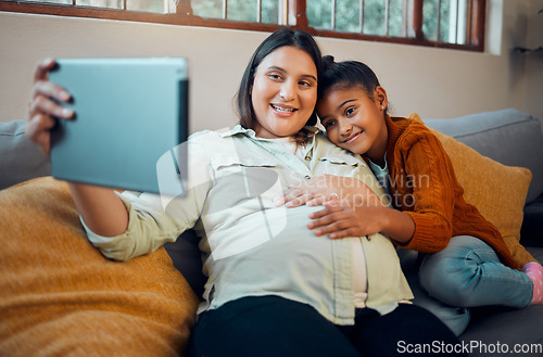 Image of Pregnant mother, girl or tablet on video call on sofa in house or home living room in lockdown communication, social media or selfie. Smile, happy or pregnant mom and bonding child on zoom technology