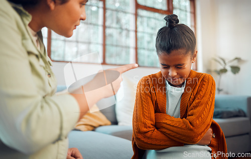 Image of Fight, discipline and upset with child and mother scolding for disappointed, behaviour problems and punishment. Communication, angry and frustrated with mom and daughter. in family home for conflict