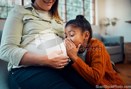 Image of Pregnant, children and stomach with a mother and daughter whispering to a sibling in a belly at home. Whisper, love and kids with a girl talking to her unborn sister in the tummy of a woman